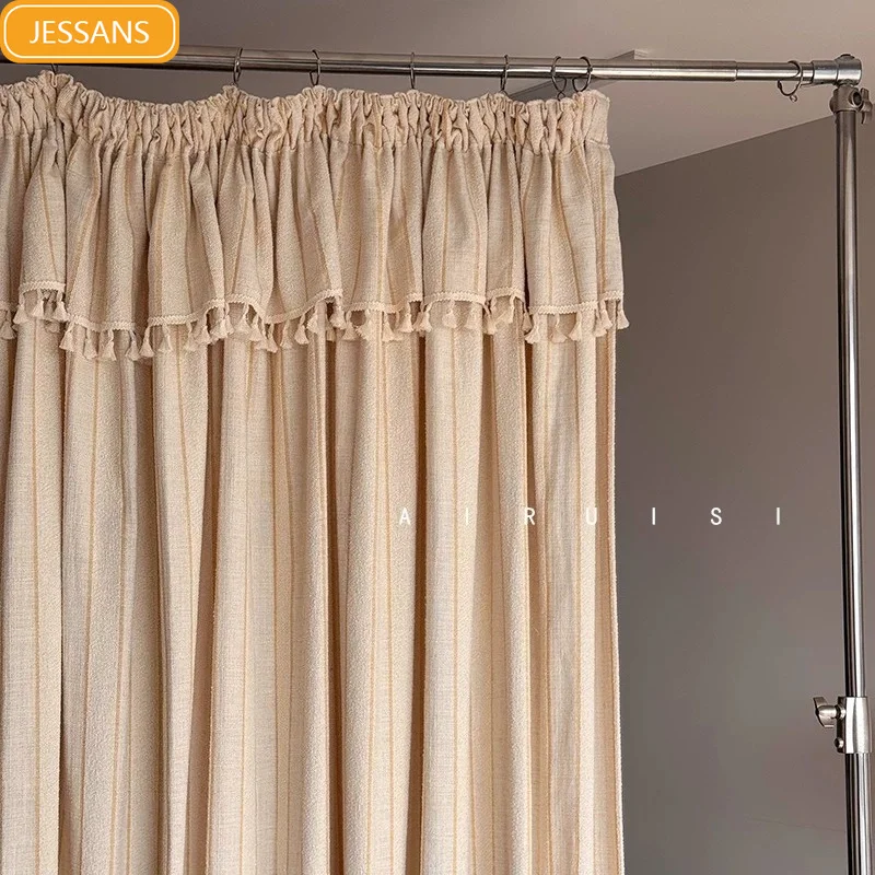 Milk Yellow Striped Natural Cotton Linen Thickened Curtains for Living Room Bedroom Partition Curtains Customized Door Curtains