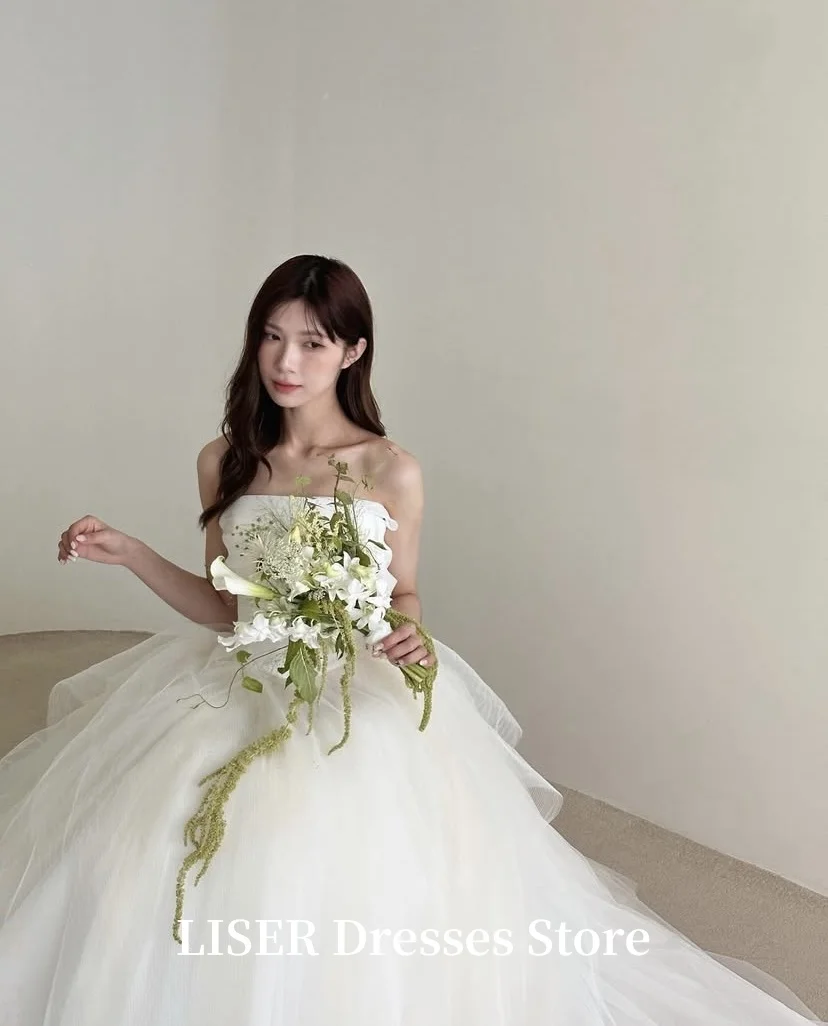 Liser Strapless Korea Wedding Dresses A-Line Silk Tulle Elegant Photo Shoot Long Bridal Gowns 웨딩드레스 Corset Back Customize