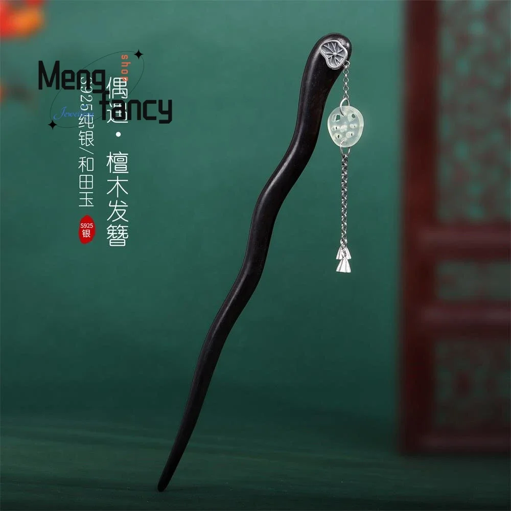 

S925 Sterling Silver Ebony Ancient Wind Hairpin Female Lotus Jade Tassel Elegant Headgear Exquisite Fashion Jewelry Holiday Gift