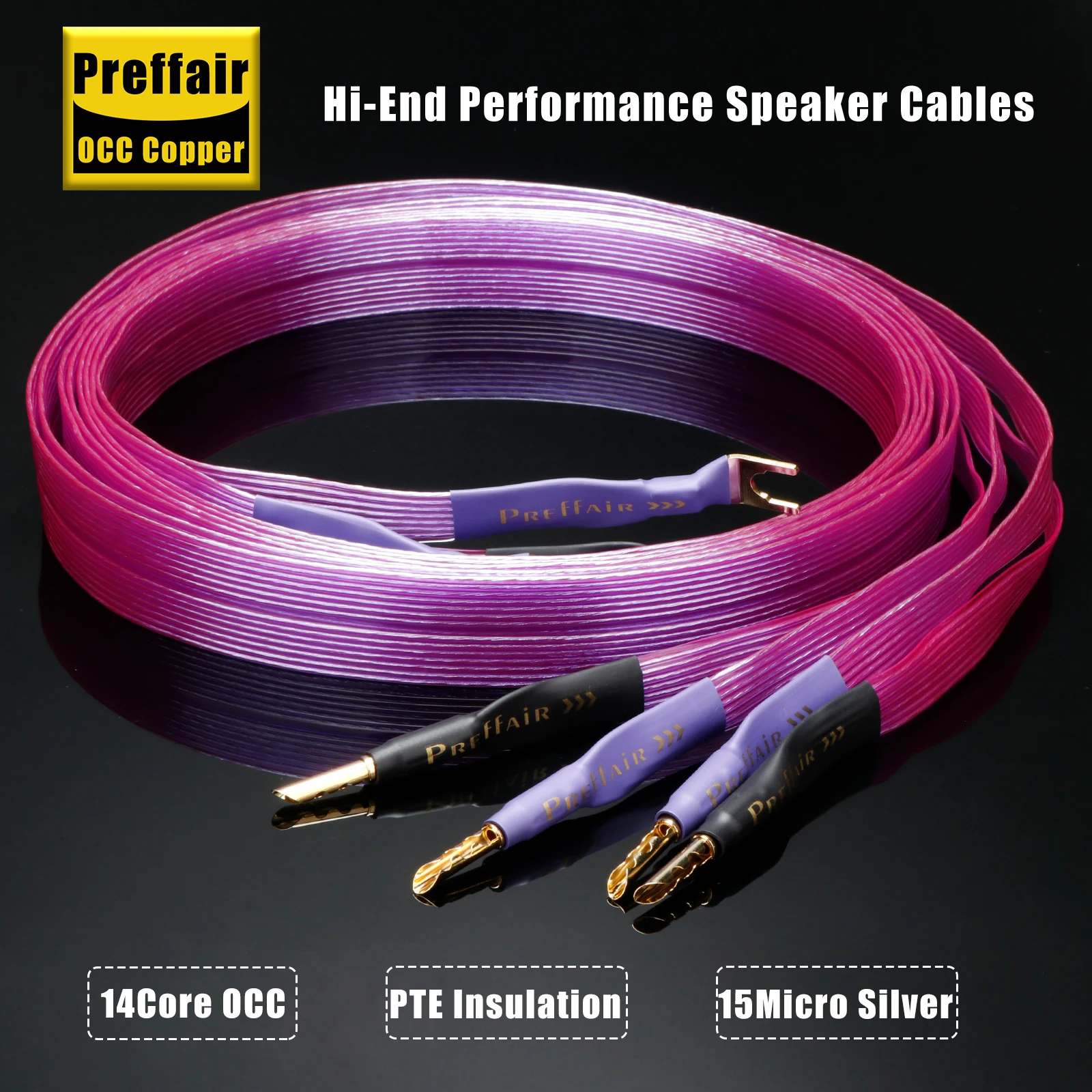 Preffair HiFi Speaker Cable Hi-end OCC Copper Flat Belt Serrated Solid Gold-plated Banana Y Plugs Cable Speaker Amplifier