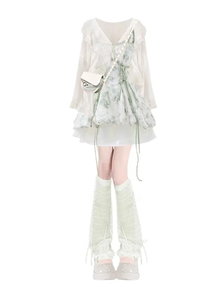 여름 플로럴 프린트 투피스 세트 여성용 하이웨이스트 A라인 스커트 자외선 차단 패셔너블 귀여운 소녀 의상