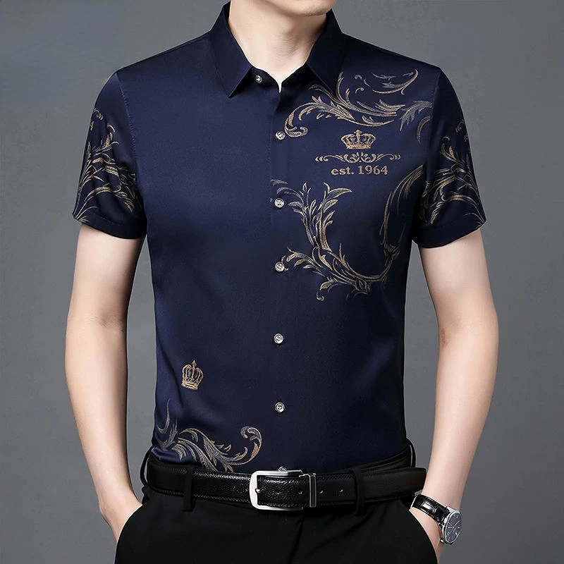 Fashion Men Summer Short Sleeve Smooth Shirt Korean New Quick Dry Male Clothes Lapel Floral Print Button Casual Loose Thin Tops