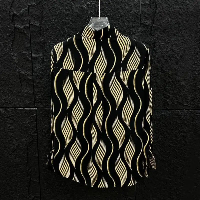 WVGA Men's Spring High-End Striped Printed Shirt Korean Style Niche Casual Draped Shoulder Pads Turn-Down Collar Tops Ins W22626