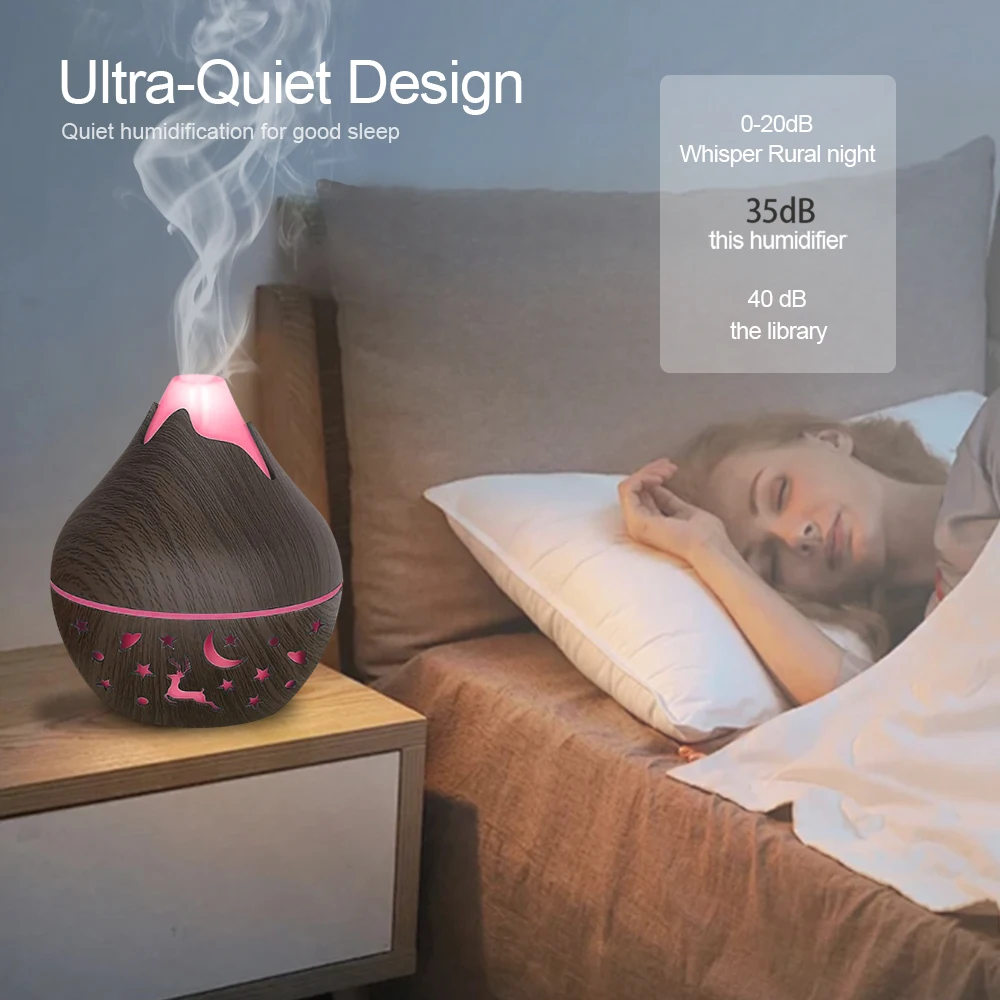 USB Mini Wood Grain Humidifier Aroma Diffuser 7 LED Color Humidifier Capacity Ultrasonic Air Humidifier,Includes two bottles of
