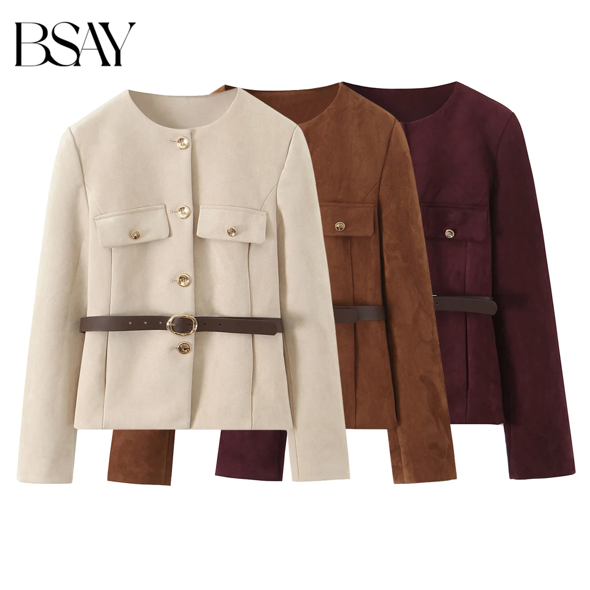

BSAY Suede Texture Effect Suit Jacket for Women Fashion Autumn Winter New Belt Long Sleeve Blazers Suits Jacket Chic Female Coat