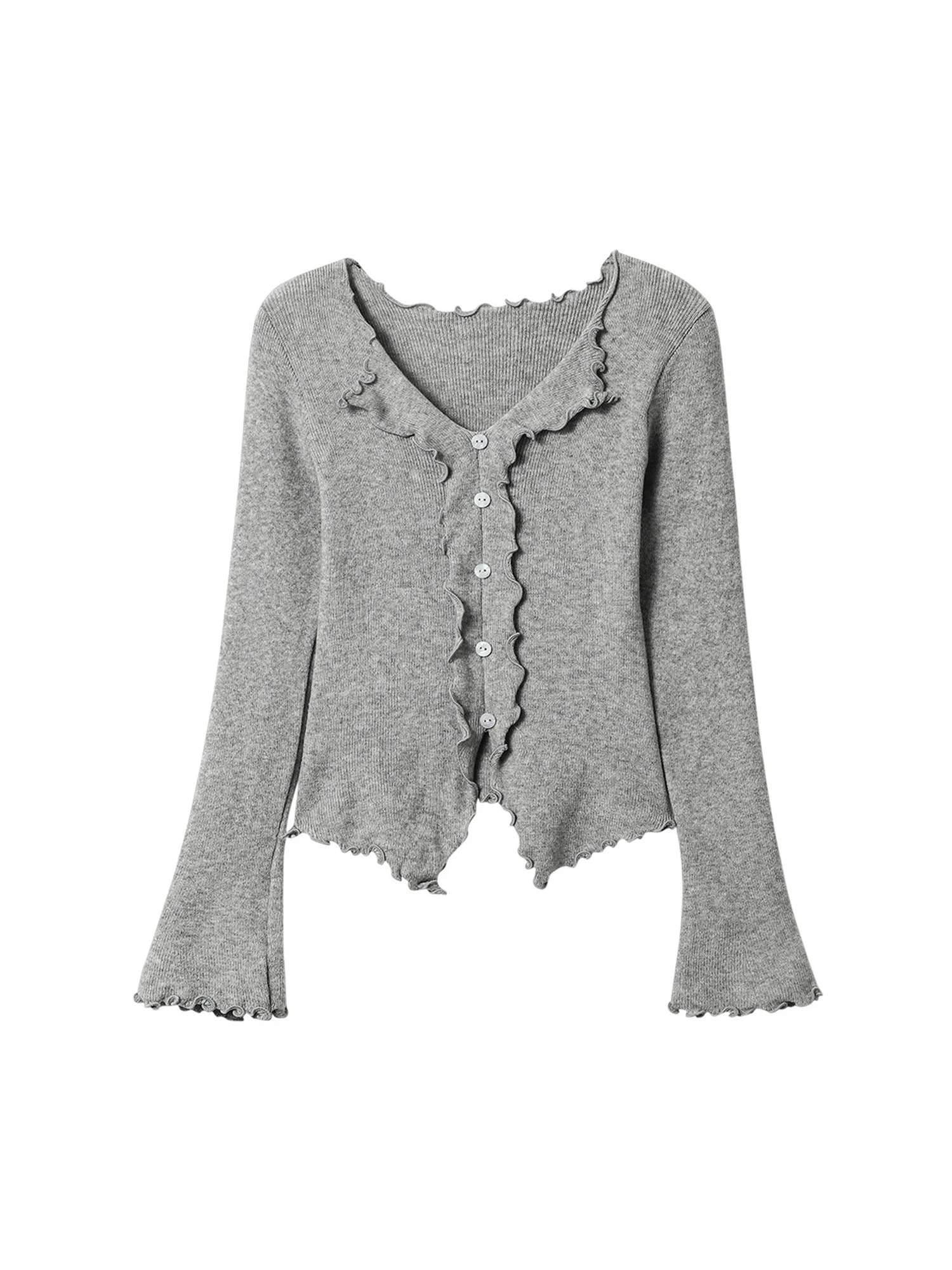 Women's Gray Y2K T-shirt Ruffle V-Neck T-Shirt 2000s Vintage Harajuku Aesthetic Knit Top Hot Girl Slim Fit Tee Top Spring 2026