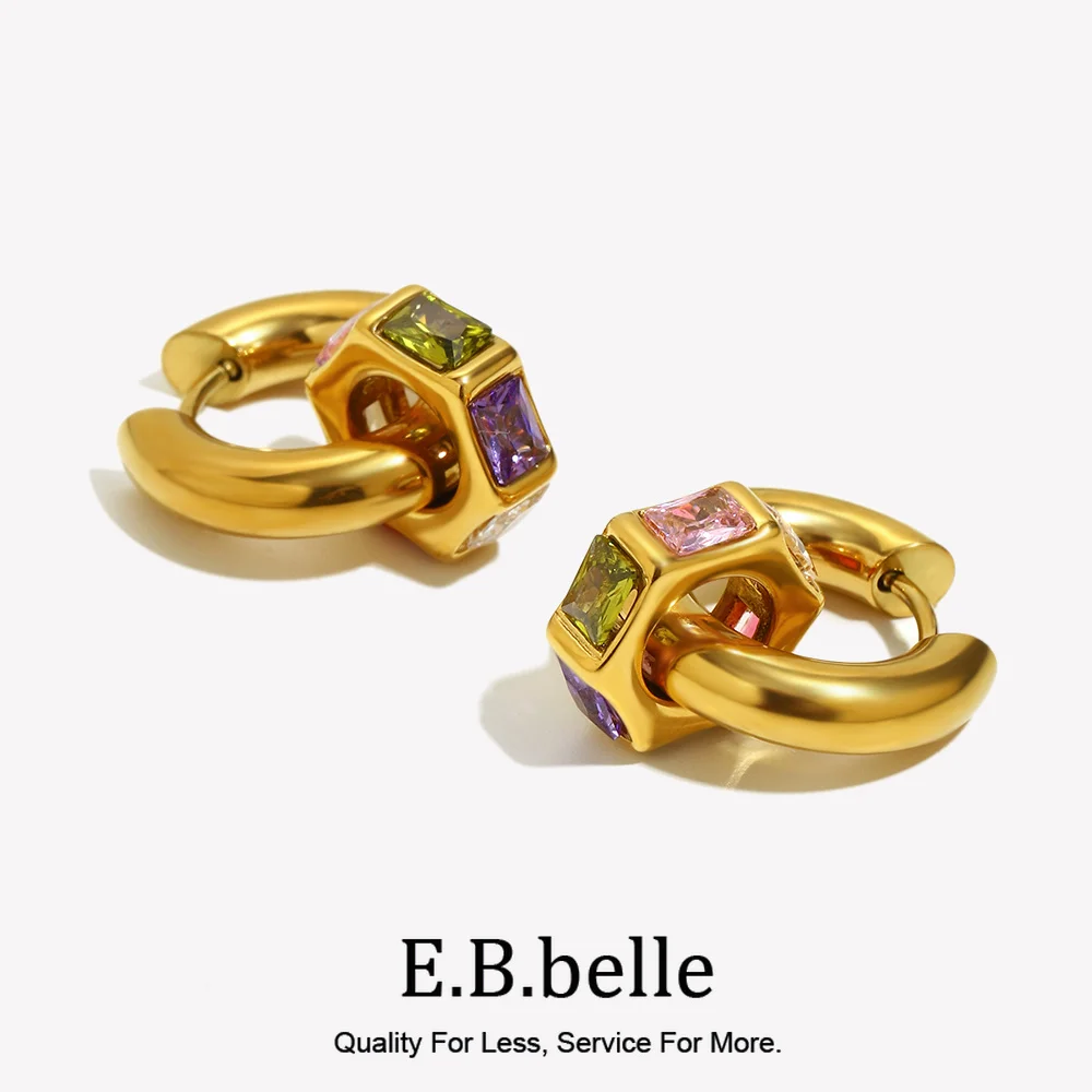 E.B.belle Bunter Zirkon-Ohrring mit ausgehöhltem Kreis, Edelstahl, niedlicher Statement-Schmuck für Frauen