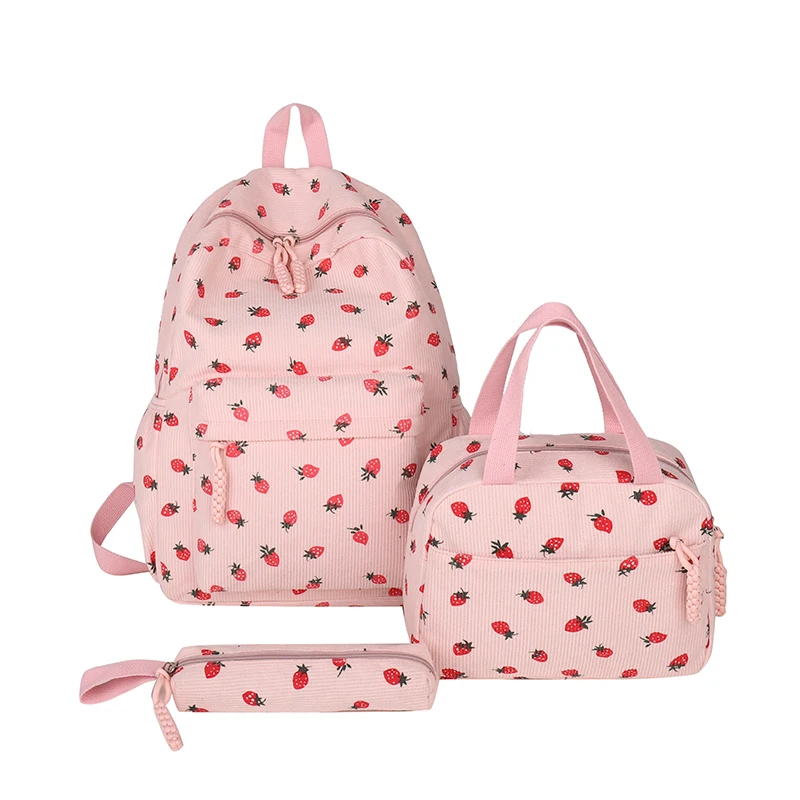 Three-Piece Corduroy Cute Backpack with Lunch Bag & Pencil Case Kawaii Backpack Large Capacity Simple Backpack Set Trip Backpack