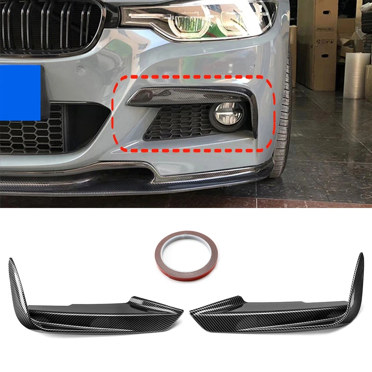 

For BMW F30 F31 M Sport 2012-2019 Front Bumper Lip Splitter Canards Spoiler 1Pair Car Fog Lamp Eyebrow Frame Cover Grille