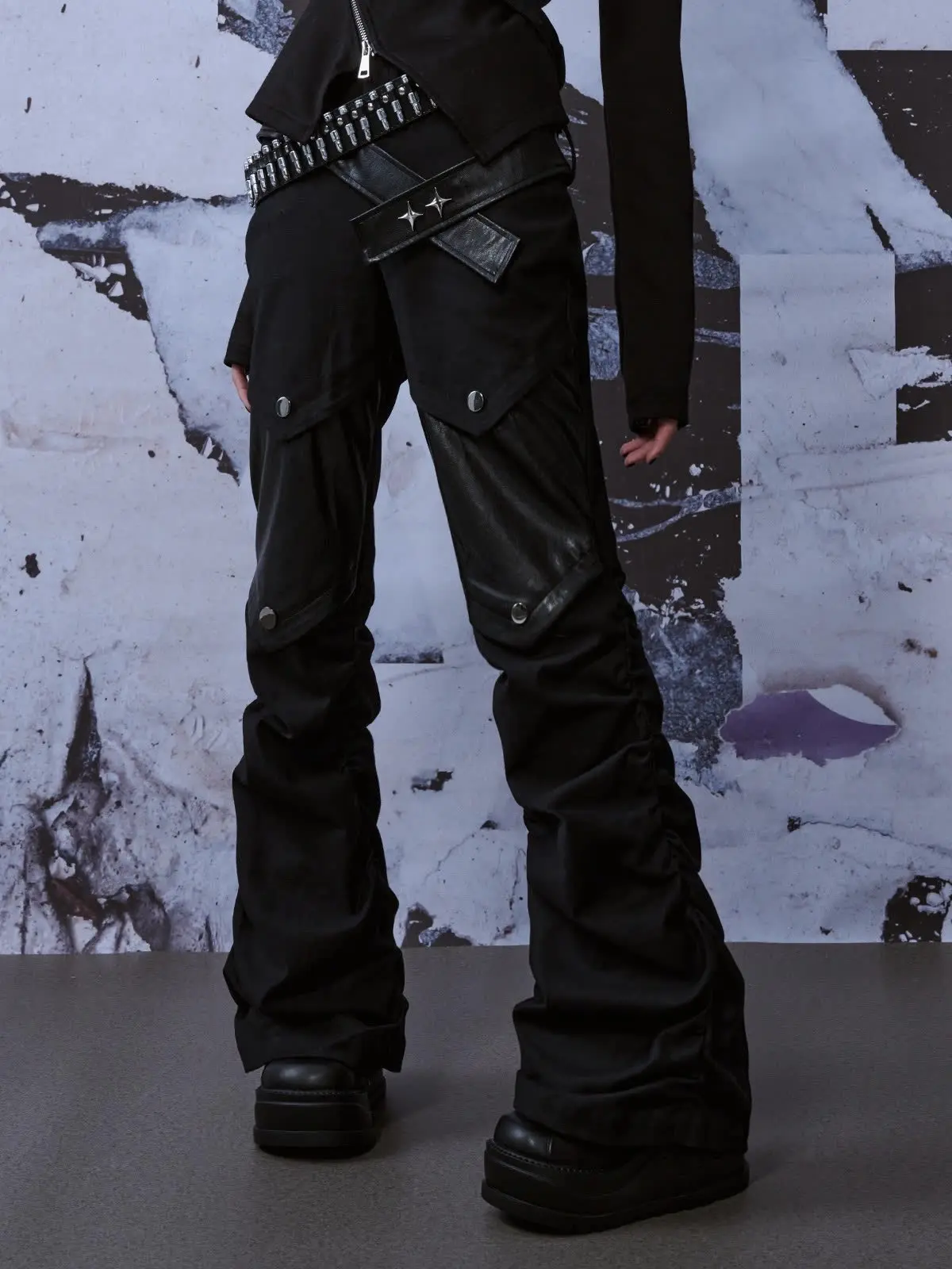 

Y2K Street Retro Washed Cyberpunk Rock Джинсы из искусственной кожи Американские мужские сращивания High Street Micro La Curved Knife Show Тонкие черные брюки