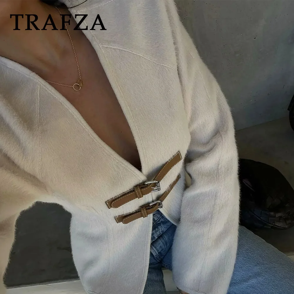 TRAFZA 2024 Spring Summer Casual Belt Women Jackets Fashion Vintage Solid V Neck Chic Slim Coats Streetwear Female Outwears