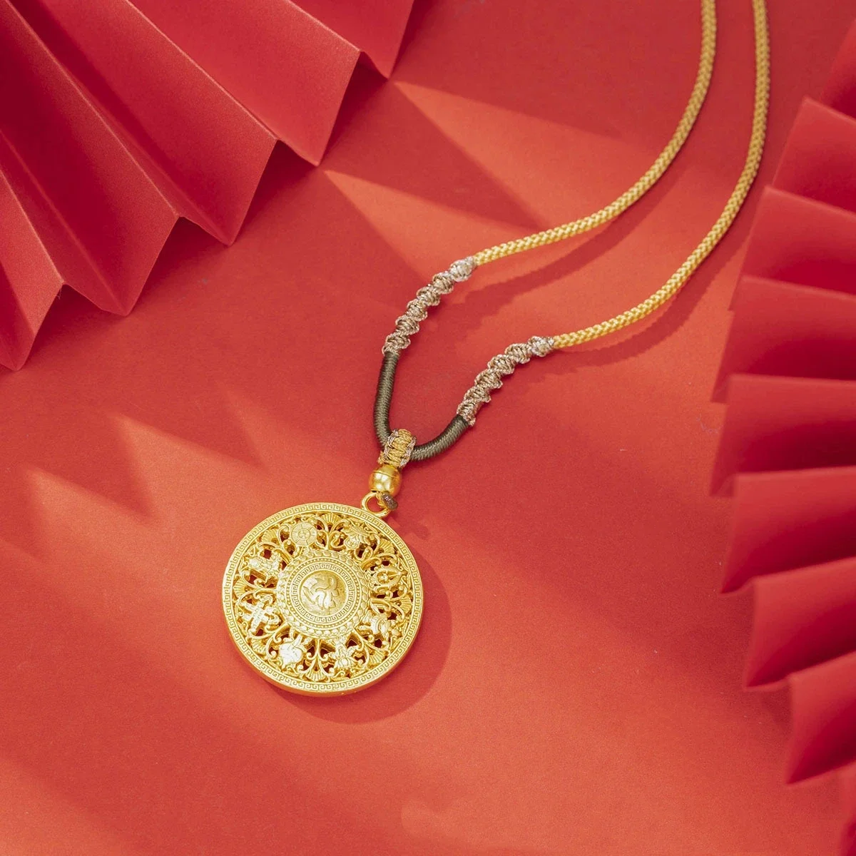 NovaGlod 9999 24K real gold eight treasure compass pendant men and women necklace braided rope long sweater chain Chinese style