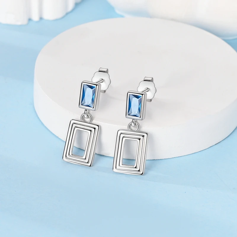 Classic Geometric Square Aquamarine Stud Earrings Women Fine DIY S925 Sterling Silver Jewelry Party Gifts