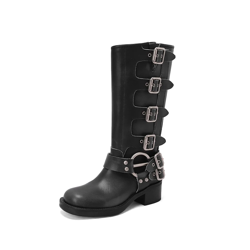 ArdenFurtado Black Genuine Leather Woman Boots Knee High Trend Punk Gothic New Rock Leather Women's Shoes Motorcycle Footwear