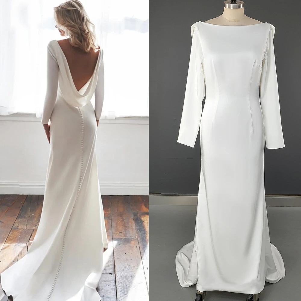 Real Photo Bateau Satin Simple Modest Wedding Dress Long Fitted Sleeves Customized Cowl Drape Open Back Brush Train Bridal Gown