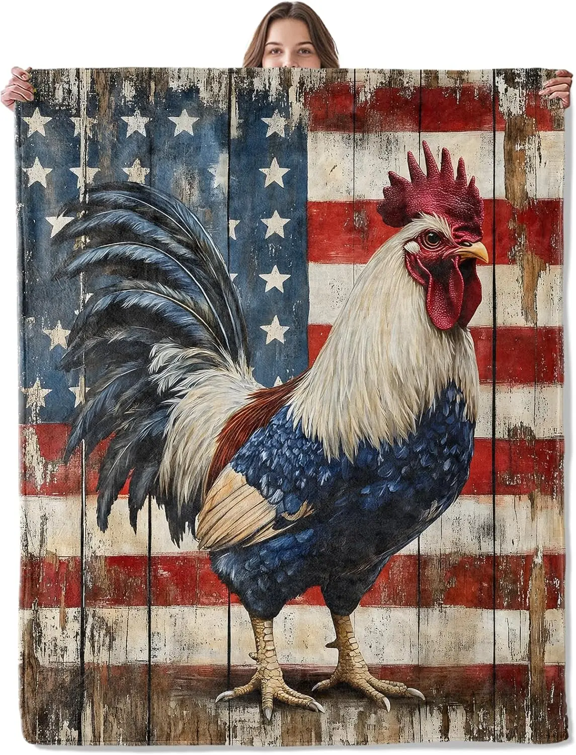 Patriotic American Flag Rooster Tapestry Wall Hanging Rustic Farmhouse Blanketed USA Decoration Home Decor Gift for Man Cave Art