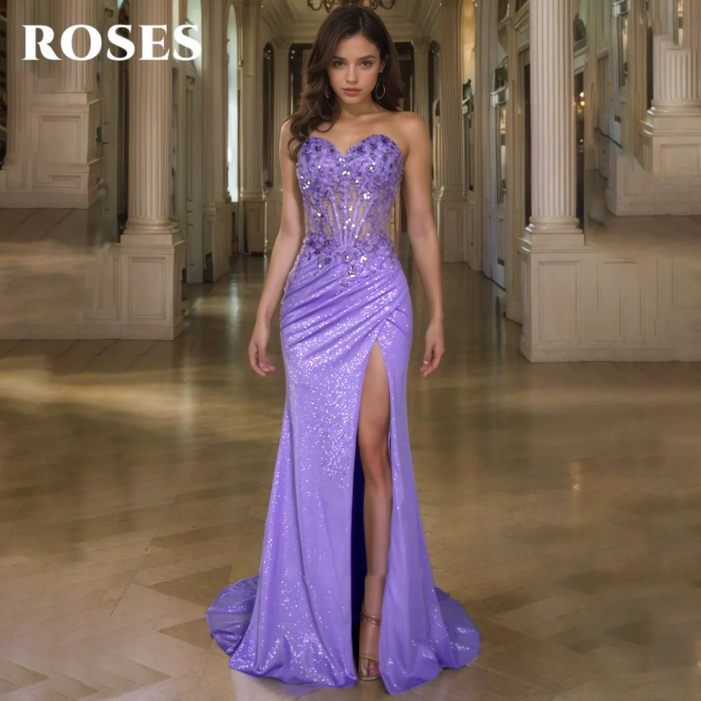 

ROSES Purple Sexy Prom Dresses Sweetheart Hollow Prom Gown with Applique Shiny Sequins Split Formal Gown for Woman Customized