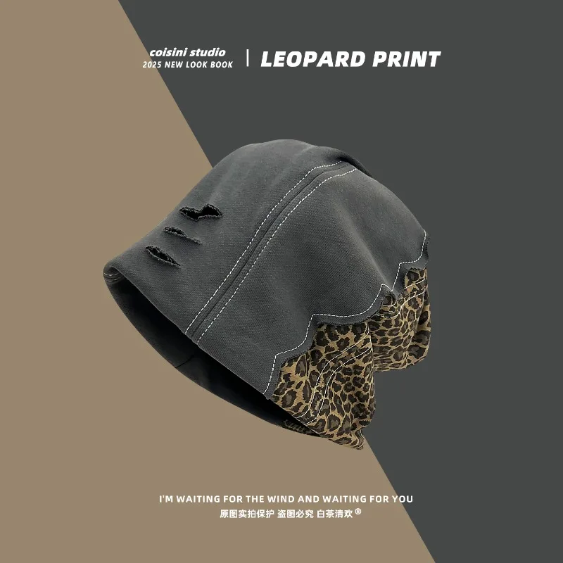 

Fashion Splicing Leopard Print Retro Hole Design Stack Hats Women Spring and Autumn Casual Versatile Pullover Beanies Cap Y2K