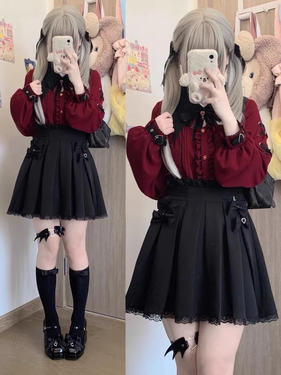 다크 할로윈 스윗 쿨 배트 레이스 칼라 레드 블랙 반팔 셔츠 탑 여성 패션 로리타 스타일 슬림핏 버블 소매