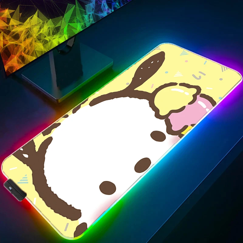 

Коврик для мыши RGB Sanrio Pochacco, большой игровой коврик XXL, коврик для клавиатуры, светодиодные игровые аксессуары, коврик для мыши с подсветкой