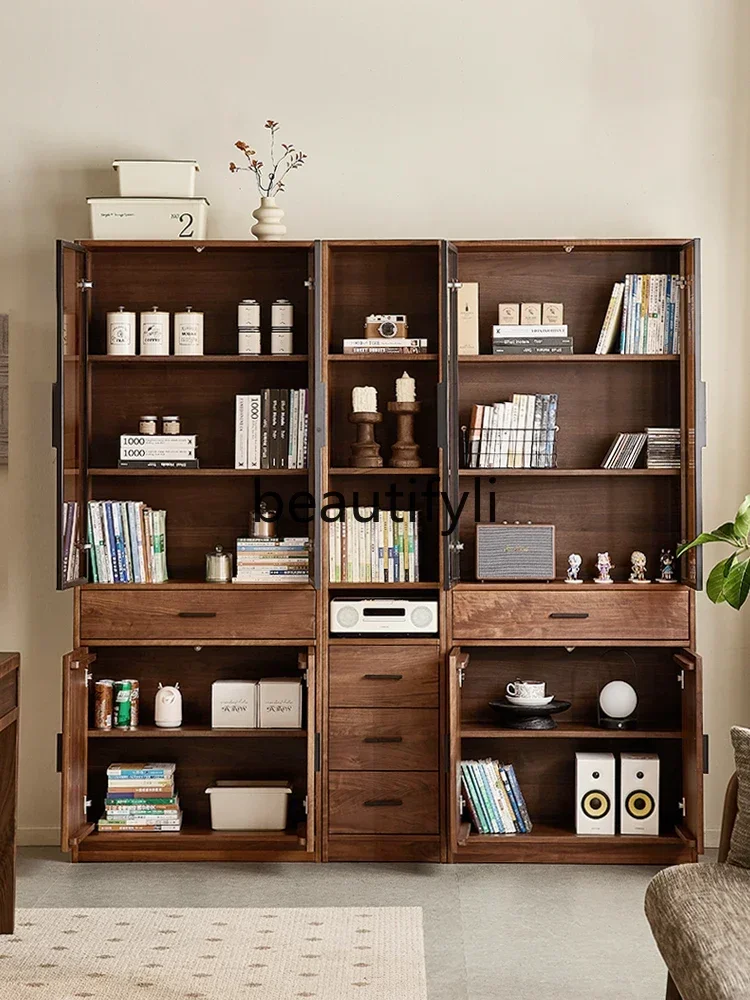 

D96 Комбинация книжного шкафа из североамериканского черного ореха, простой скандинавский шкафчик для книжной полки из цельного дерева от пола до потолка