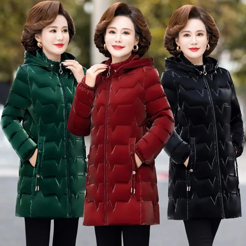 Winter Glossy Snow Jacket Women\'s Down Cotton Slim Hooded Coat Mother Warm Long Overcoat Fashion Female Thicken Parkas Jackets