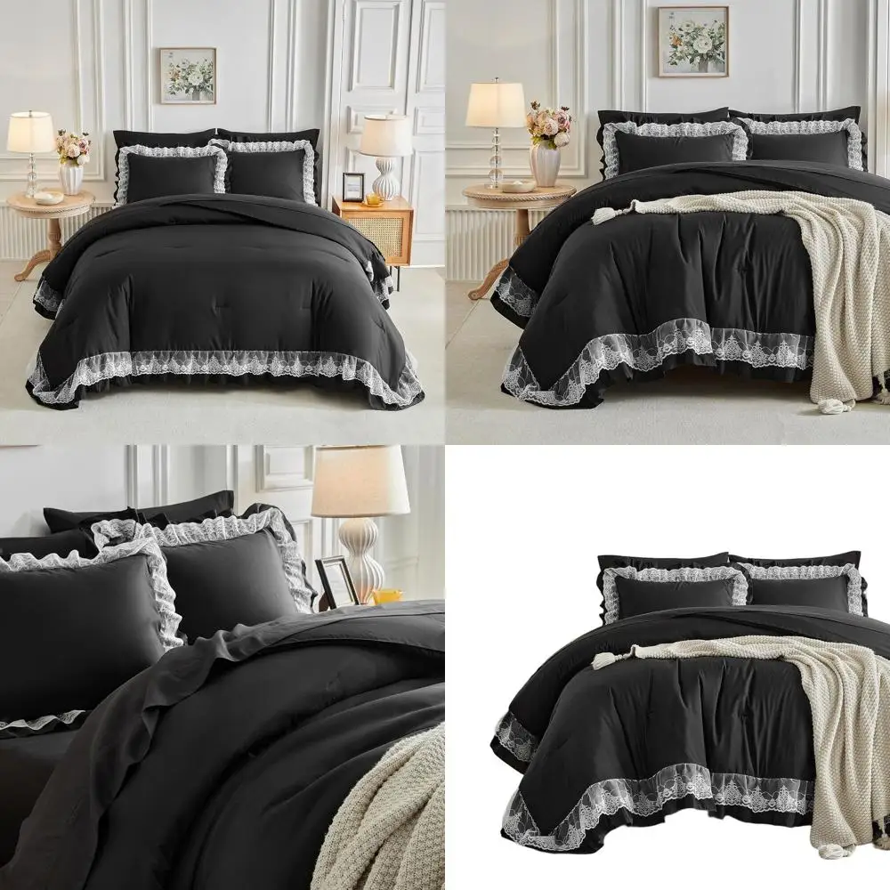 

Black Queen Size Lace Ruffle Microfiber 7-Piece Bedding Set for Girls - Vintage Boho Chic Comforter with Ruffled Sheets