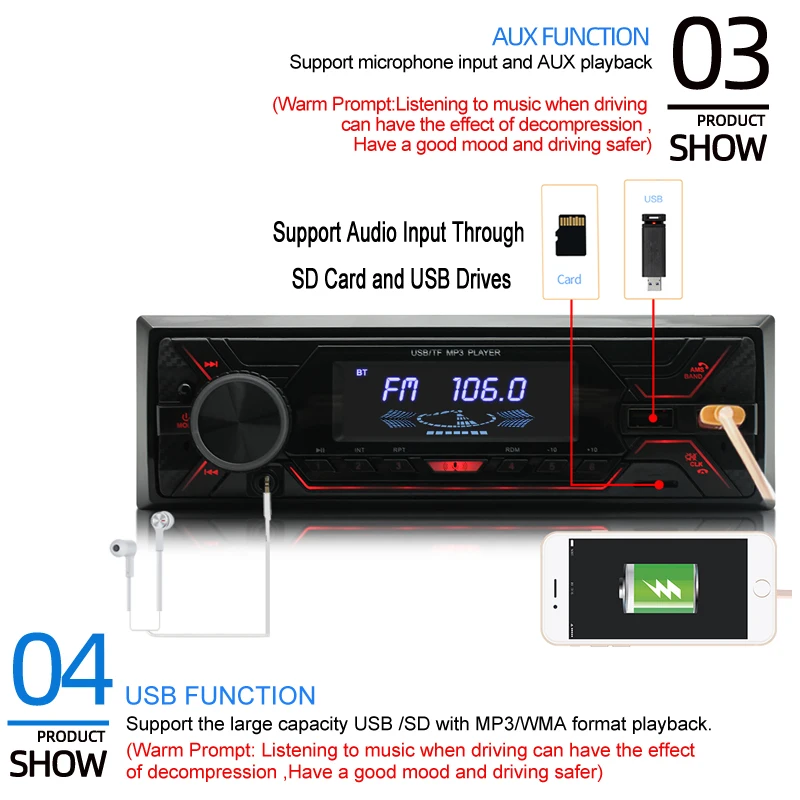 PolarLander 1 Din Car Radio 12V MP3 Player Fast Charging Hands-free Calls Bluetooth Microphone Dual USB Digital Stereo FM Radio