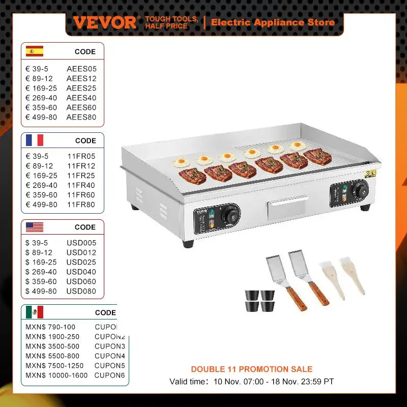 VEVOR 22/30 inch commerciële elektrische bakplaat aanrecht half-flat top grill 122 ℉ -572 ℉   RVS
