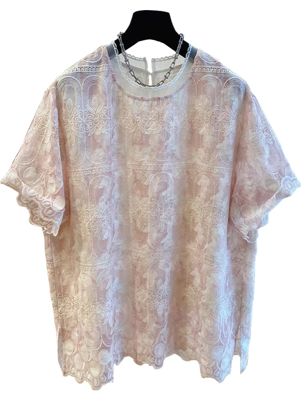 تي شيرت نسائي أنيق بأكمام قصيرة مطرز بالدانتيل، تصميم فضفاض للصيف بنمط كوري مع نقش زهور ورقبة مستديرة