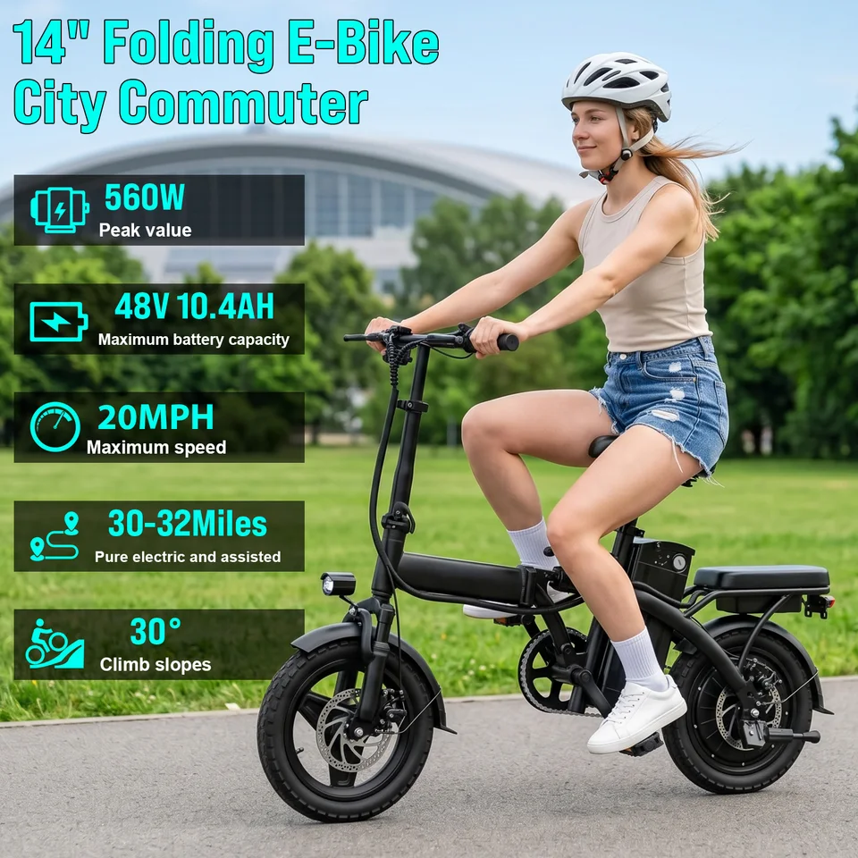 560W Adult Electric Bikes,20MPH,48V10.4AH Removable Battery,14inch Folding Electric Bike,Multi-Shock Absorption Electric Bicycle image 1