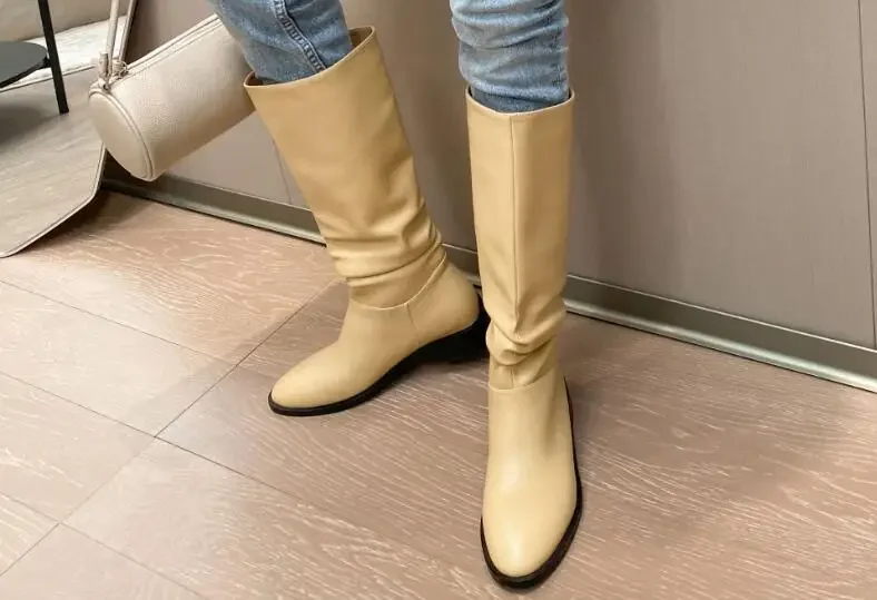 Candy Color Girls Orange Apricot Solid Pleated Flat Knee High Boots Woman Round Toe Slip On Leisure Long Botas Shoes Lady