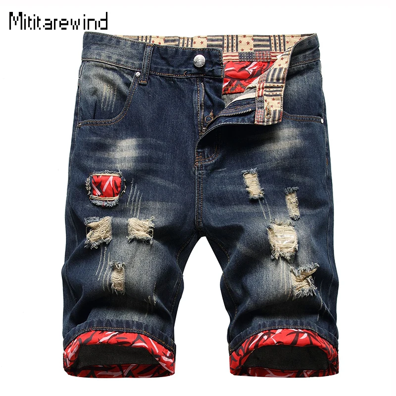 

American Summer Men's Shorts High Street Short Denim Pants Embroidered Fabric Inner Trousers Cuffed Straight Knee Length Jeans