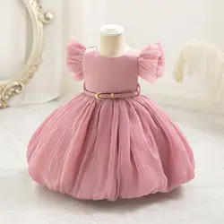 HETISO Leather Sashes Dress for Girls 1 Year First Birthday Kids Elegant Dresses Tulle Baby Party Gown 2 4Y