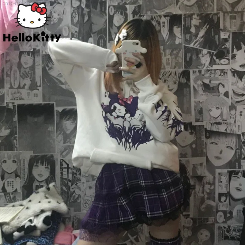 Sanrio Kuromi Y2k Japanese Punk Hoodie 2000s Autumn Winter Kawaii Anime Loose Pullover Hooded Sweater Female 90s Trend Tops Yk2