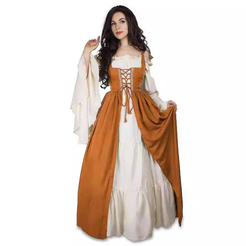 Womens's Medieval Costume Halloween Cosplay Floor-length Vintage Dress Victoria Lace Up Carnival Party Long Dress Robe Clothing