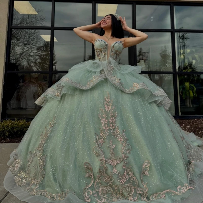 

Mint Green Shiny Quinceanera Dresses Ball Gown Off The Shoulder Gold Applique Lace Beading Crystal Bow Corset Tull Party Birthda