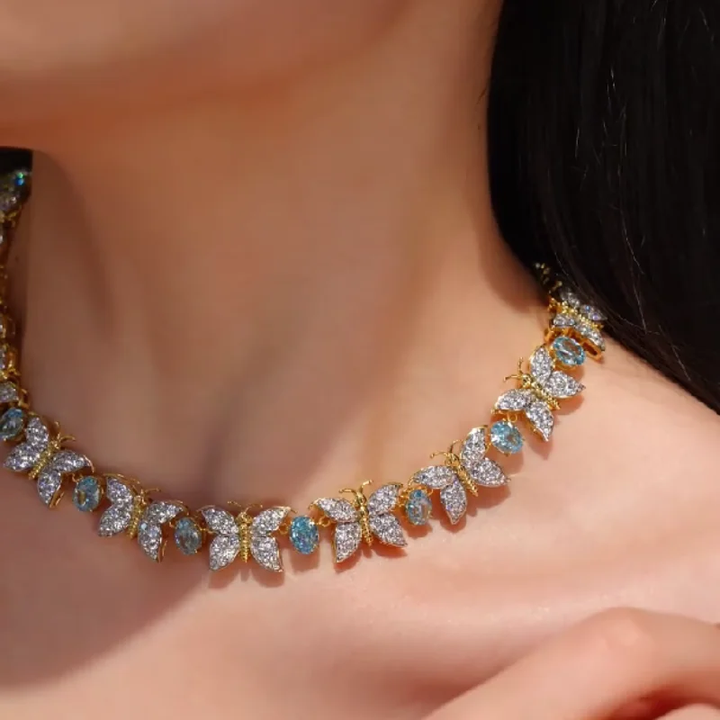 Bellux Luxury 925 Silver Plated K Gold Synthetic Zircon White Full Diamond Butterfly Aquamarine Vintage Banquet Jewelry Necklace
