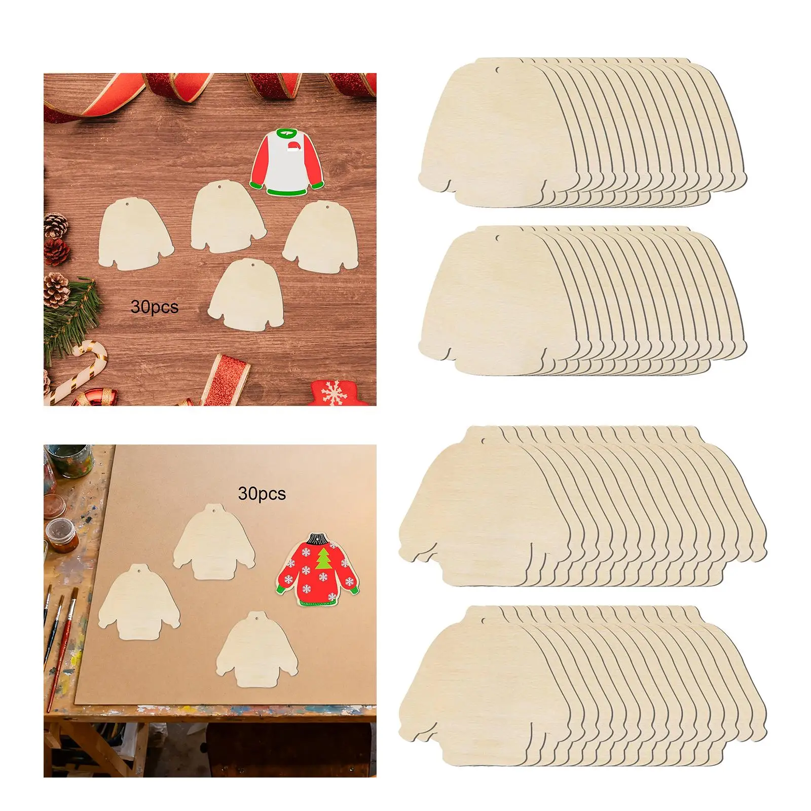 

30x незаконченные вырезы, деревянные украшения с отверстиями и веревками, деревянные бирки для подвесных украшений, поделок своими руками