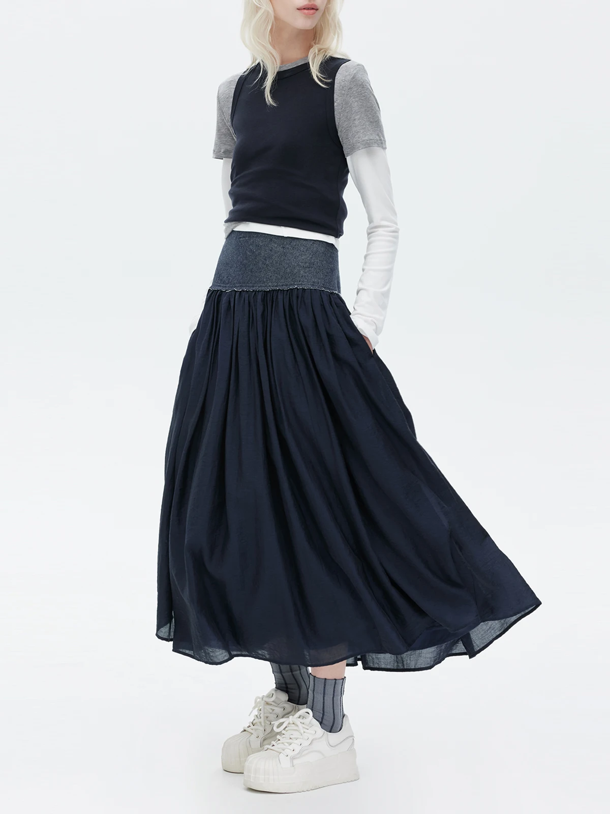 Wiosenno-jesienna nowa damska spódnica do połowy łydki, modna spódnica do pracy z wysokim stanem, ciemnoniebieska, rozkloszowana, długa.