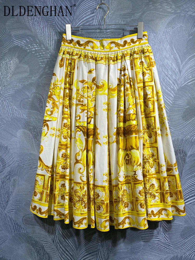 

DLDENGHAN Summer Vintage Print Cotton Skirt Women's High Waiste Elegant Party Midi Skirt Fashion Designer New