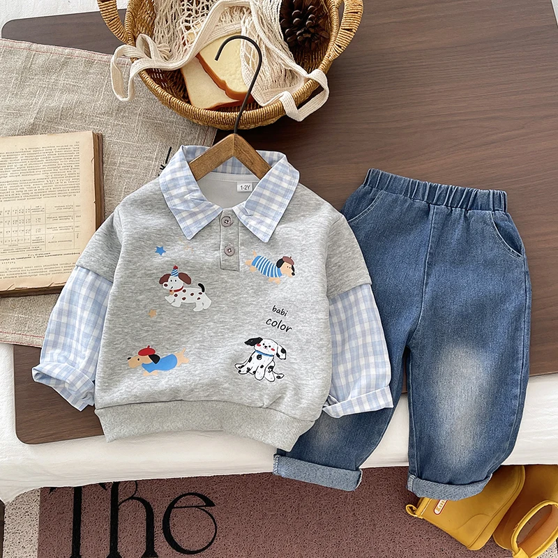 Boys 2Pcs Clothing Set,Fake Two‑Piece Plaid Splice Polo Sweatshirt With Cartoon Dog Print+Elastic Waist Denim Pants Spring
