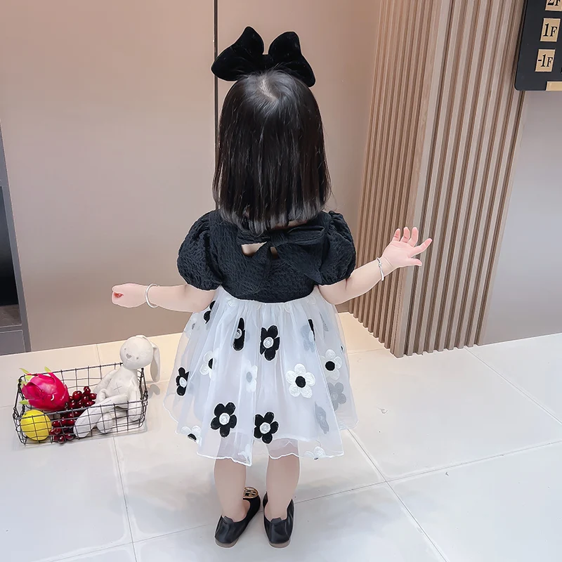 Summer Girls Print Dress 2022 New Back Bow Girls Black Princess Dress White Holiday Long Dress Cheap Tutu Skirt for Babies