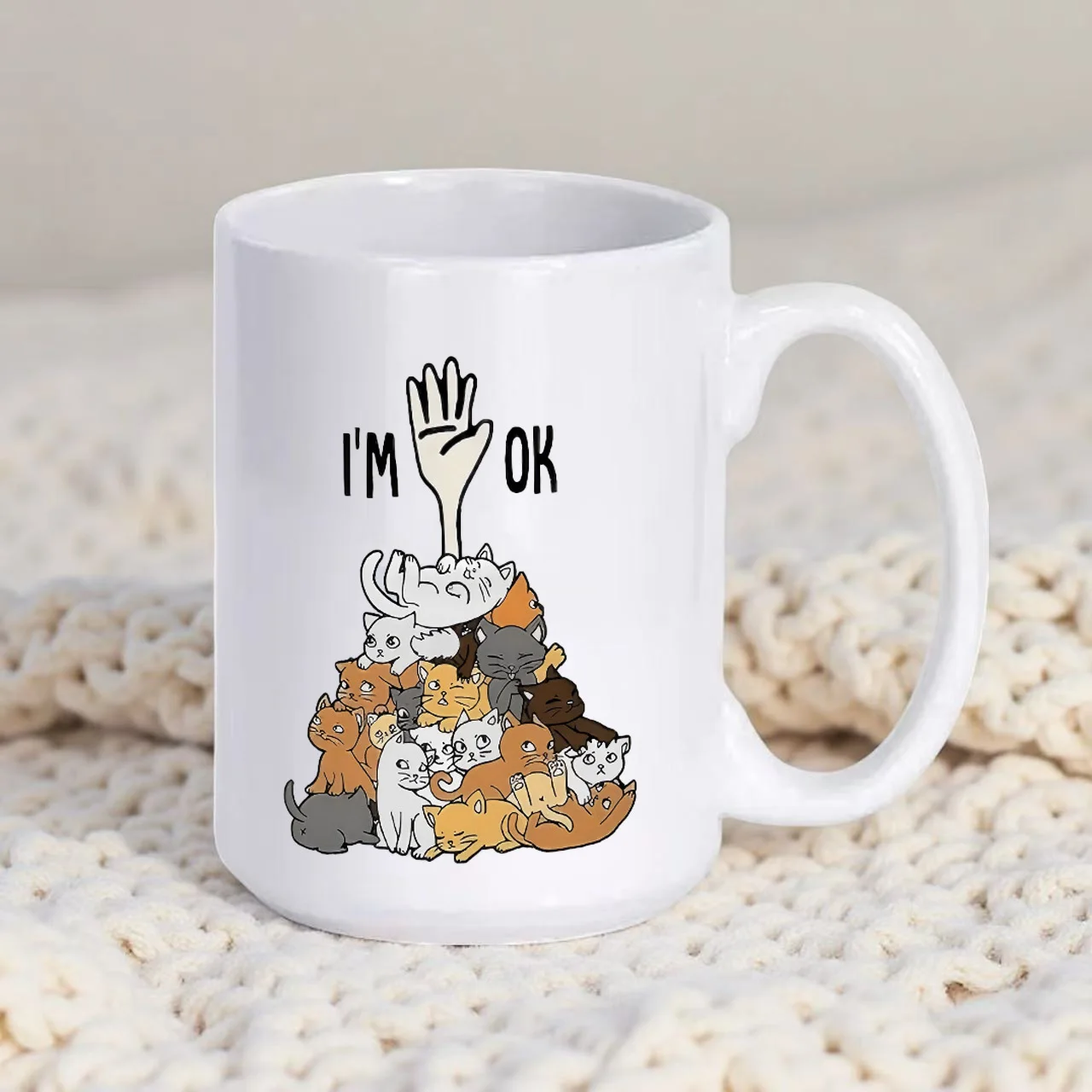 3A Funny Humor Cat Coffee Mug I Am Fine After Cat Attack Pattern 11oz Ceramic Cup Gift for Cat Lovers Birthday Valentine New Yea