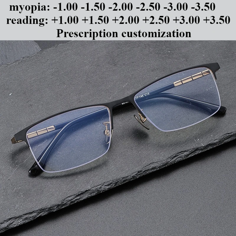 

55 мм ультра-легкая полуоправа из чистого титана, оправа для очков для близорукости, мужские очки для чтения с защитой от синего света, индивидуальные очки по рецепту
