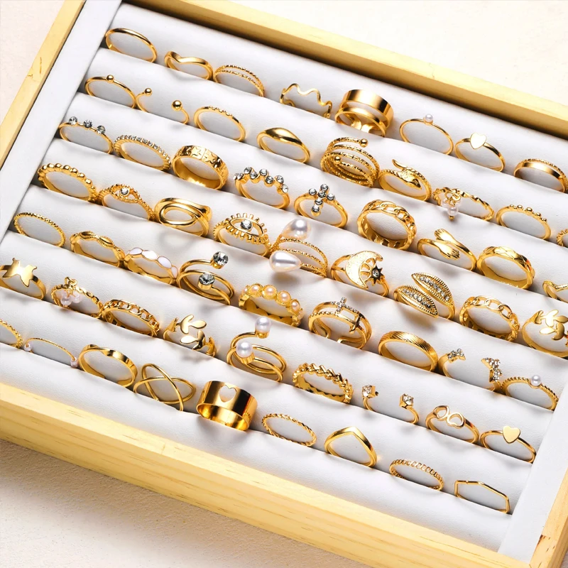 Vintage Elegant 66 Piece Fashion Ring Set Gold Color Pearl Geometric Rings Design for Women Daily Party Wear Jewelry Gifts 2024