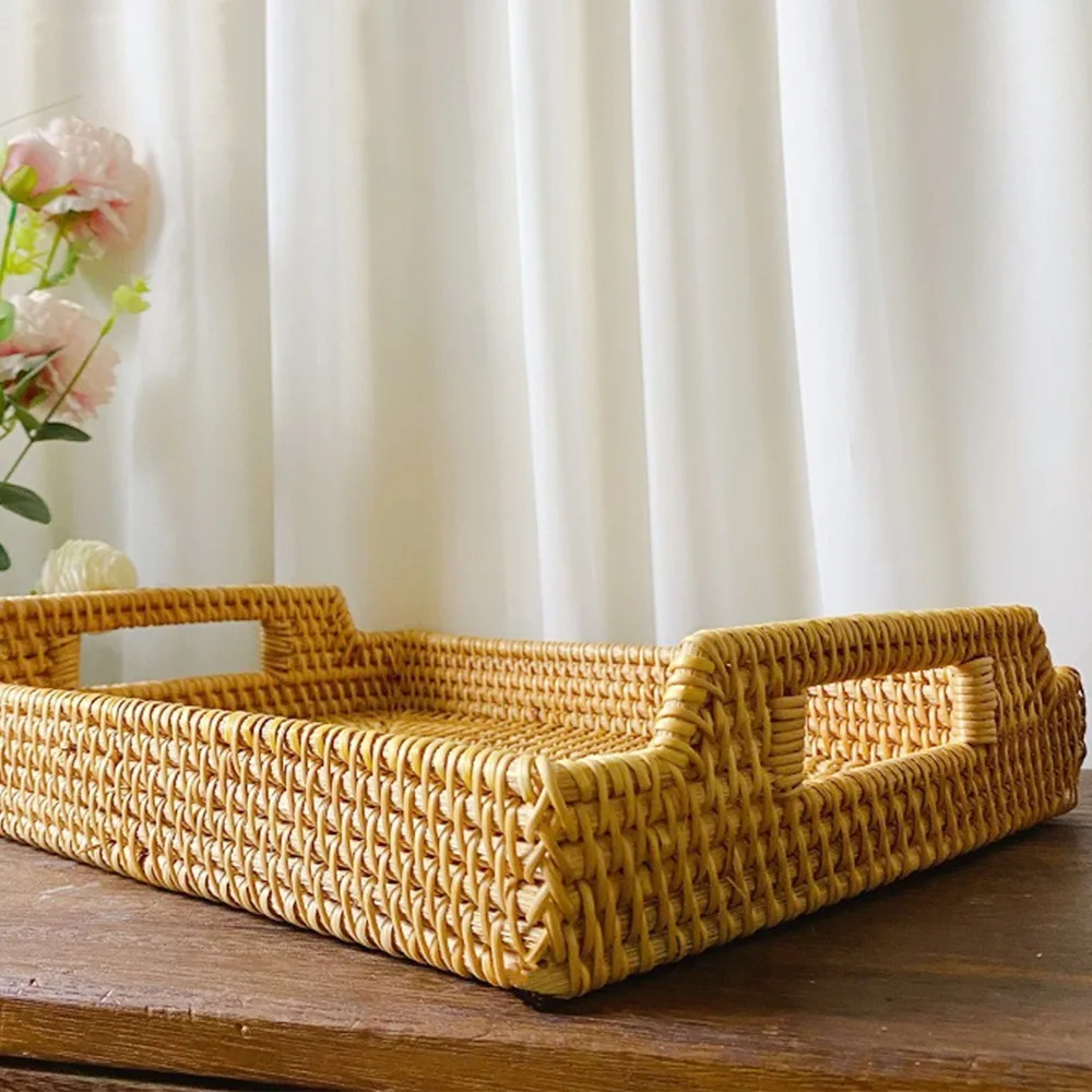 Woven Fiber Tray with Handles Side Handles Rectangular Decorative Tray Lightweight Woven Craft Serving Tray Coffee Table