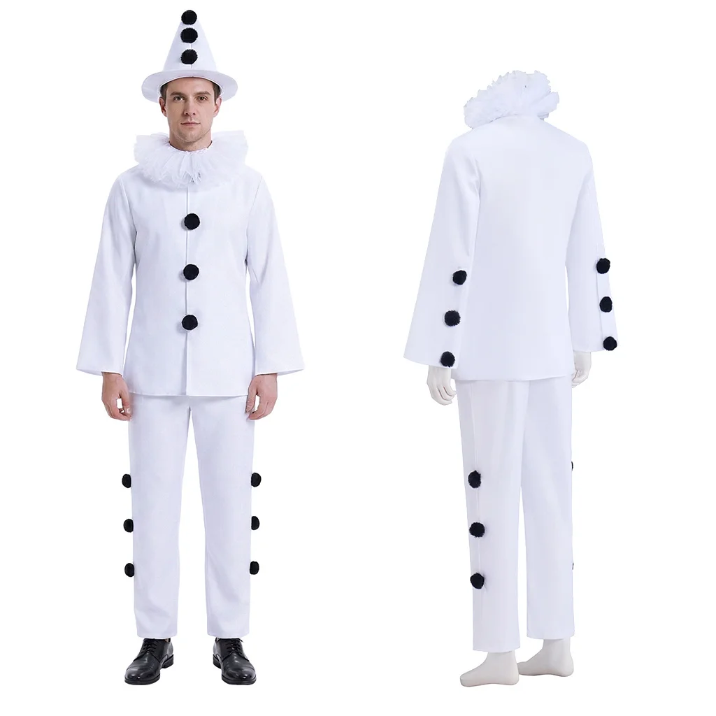 Costume de cosplay de clown Pierrot classique pour homme, ensemble complet, costume blanc, col à volants, chapeau pointu, tenue de clown mime vintage