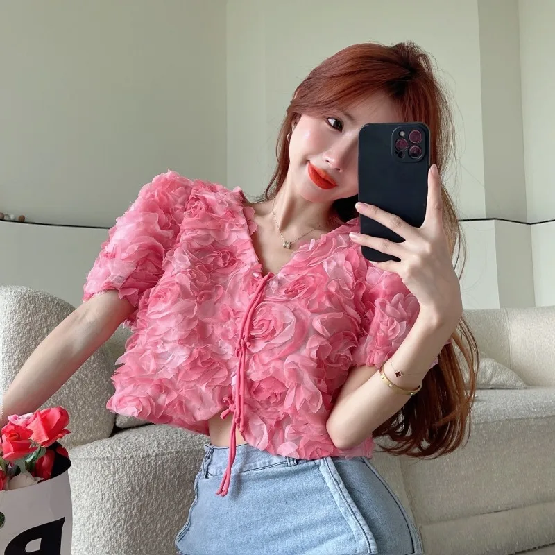 Chic Tie Flowers Sweet Shirts Women Fashion Young Lovely Popular All-match Short Sleeve Tops Girls Leisure Lace Up New Ins BF