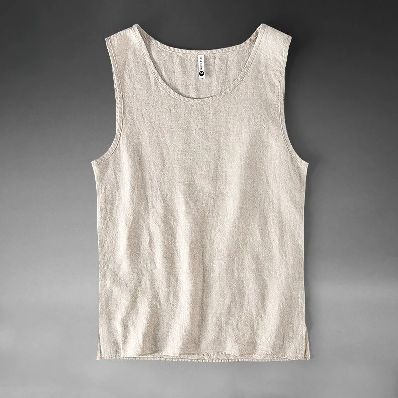 100% Pure Linen Sleeveless Vest Men's Summer Thin Large Size Beach Loose Cut out Shirt Pure Color Shoulder Pad Vest Breathabl...